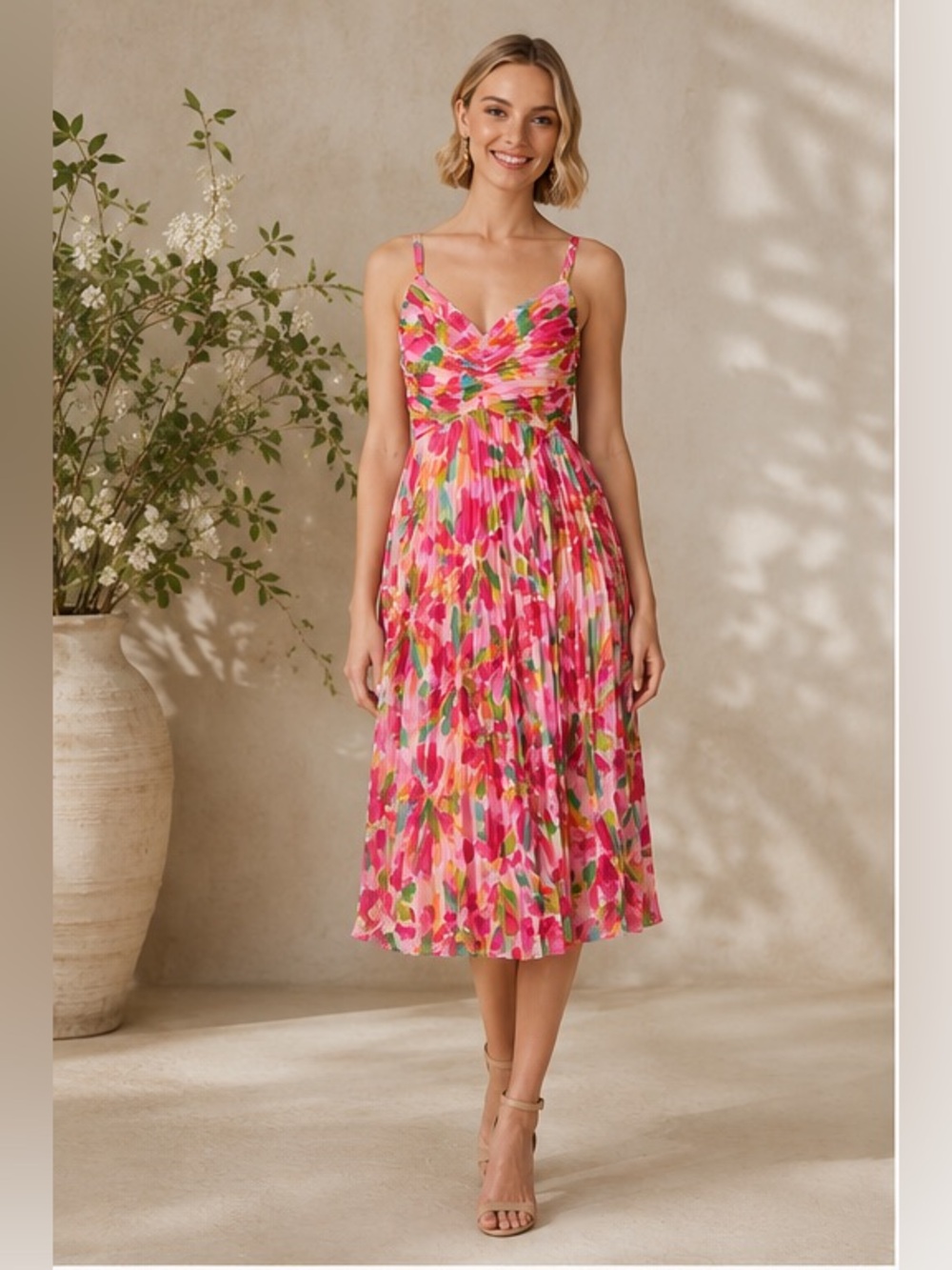 Adrianna Papell Floral Pleated Midi Dress Size 8 Pink Watercolor Dress